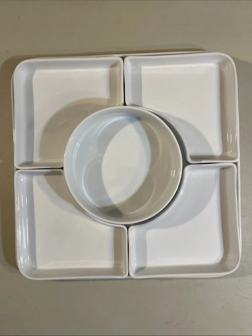Crate&Barrel White Ceramic Divided Serving Platter with Center Bowl